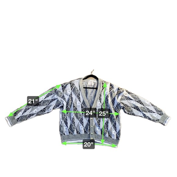 VTG Grandpa Sweater Cardigan Made in Italy Size Large Black White Gray Geometric - Picture 2 of 13